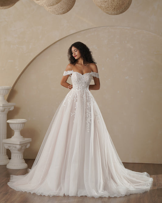 Boho wedding dress for bridal with off shoulder design and applique lace