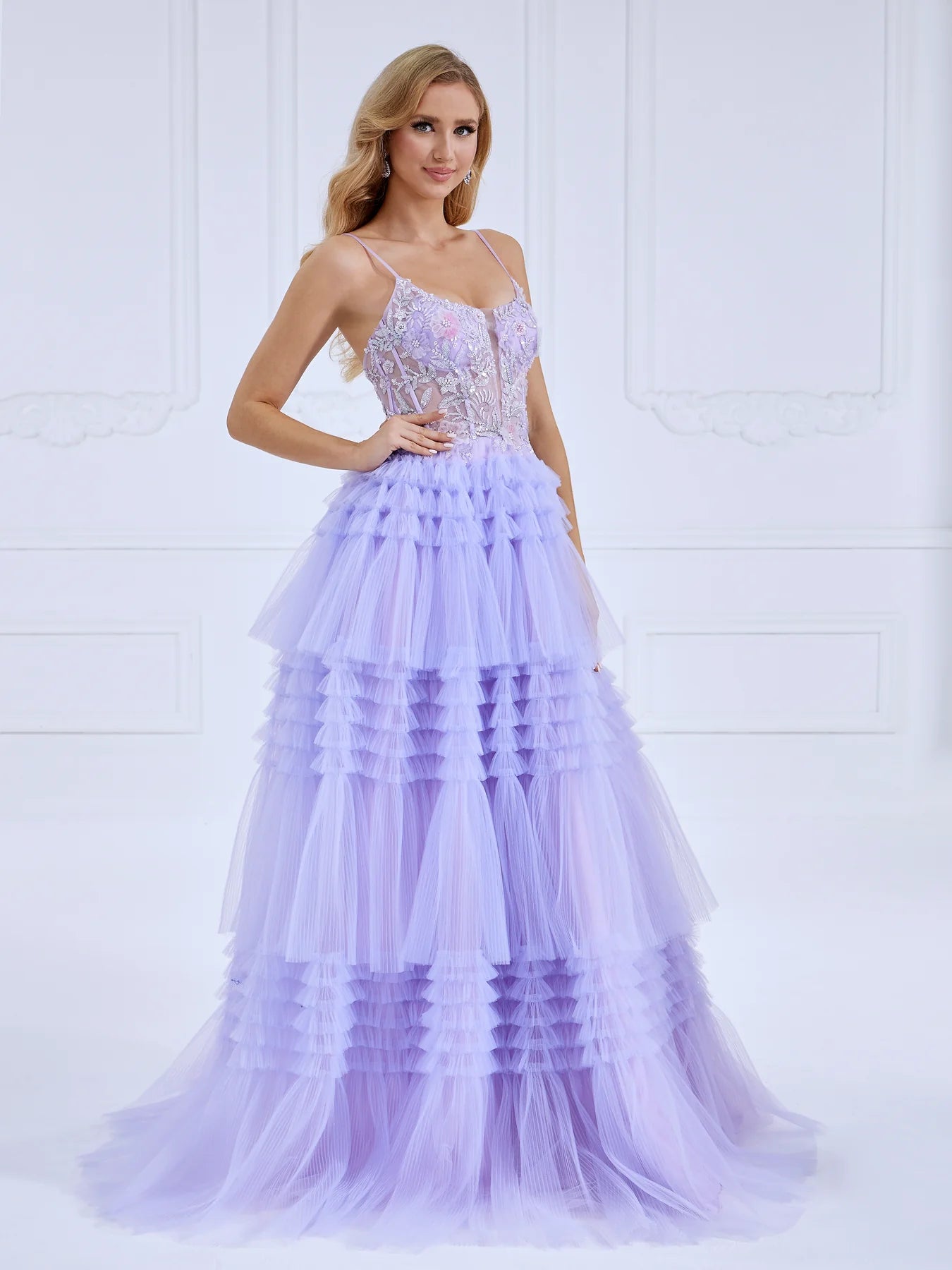 Layered Ball Gown with V-Neck and Appliqué Detail 2025#006