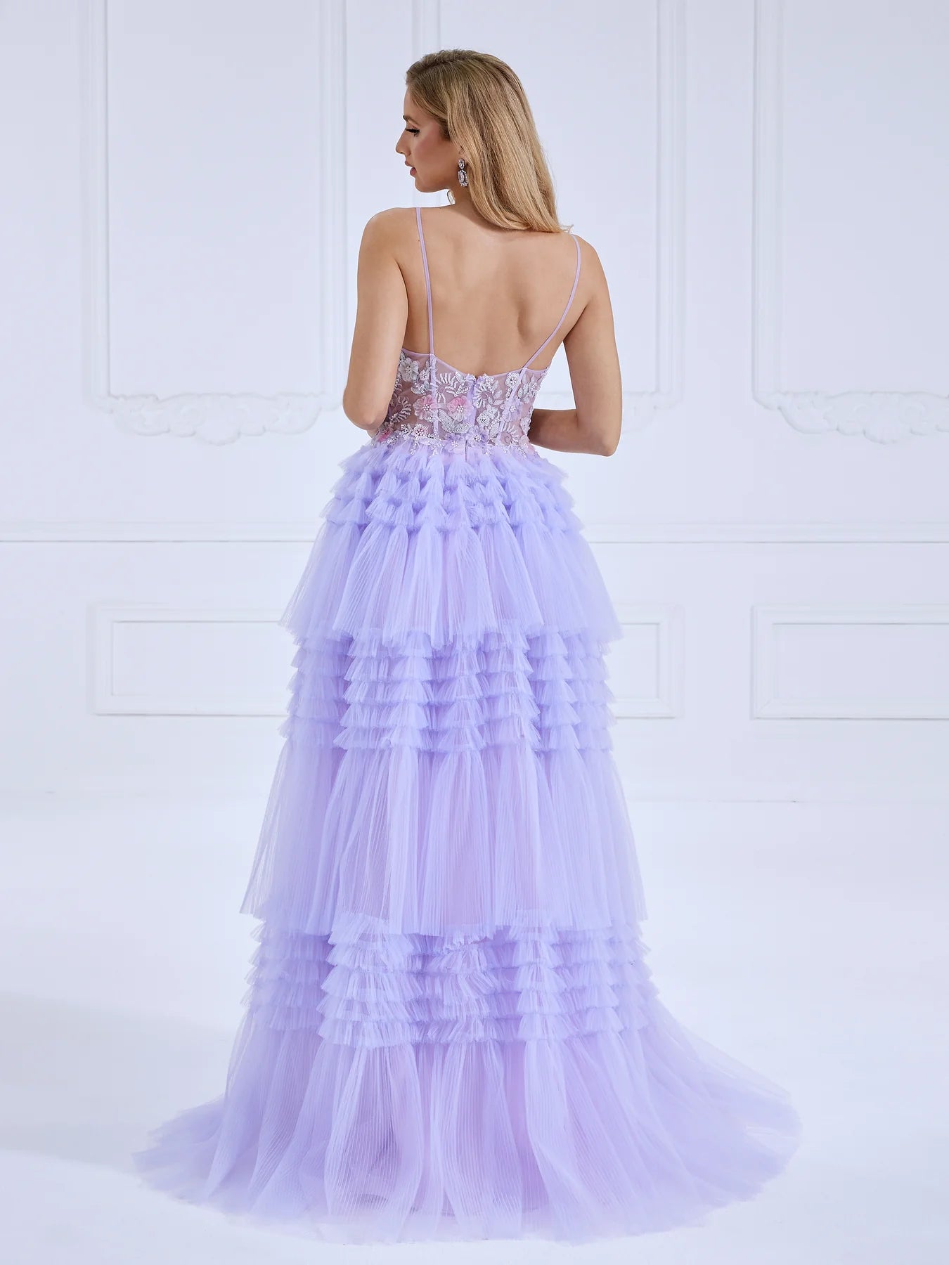 Layered Ball Gown with V-Neck and Appliqué Detail 2025#006