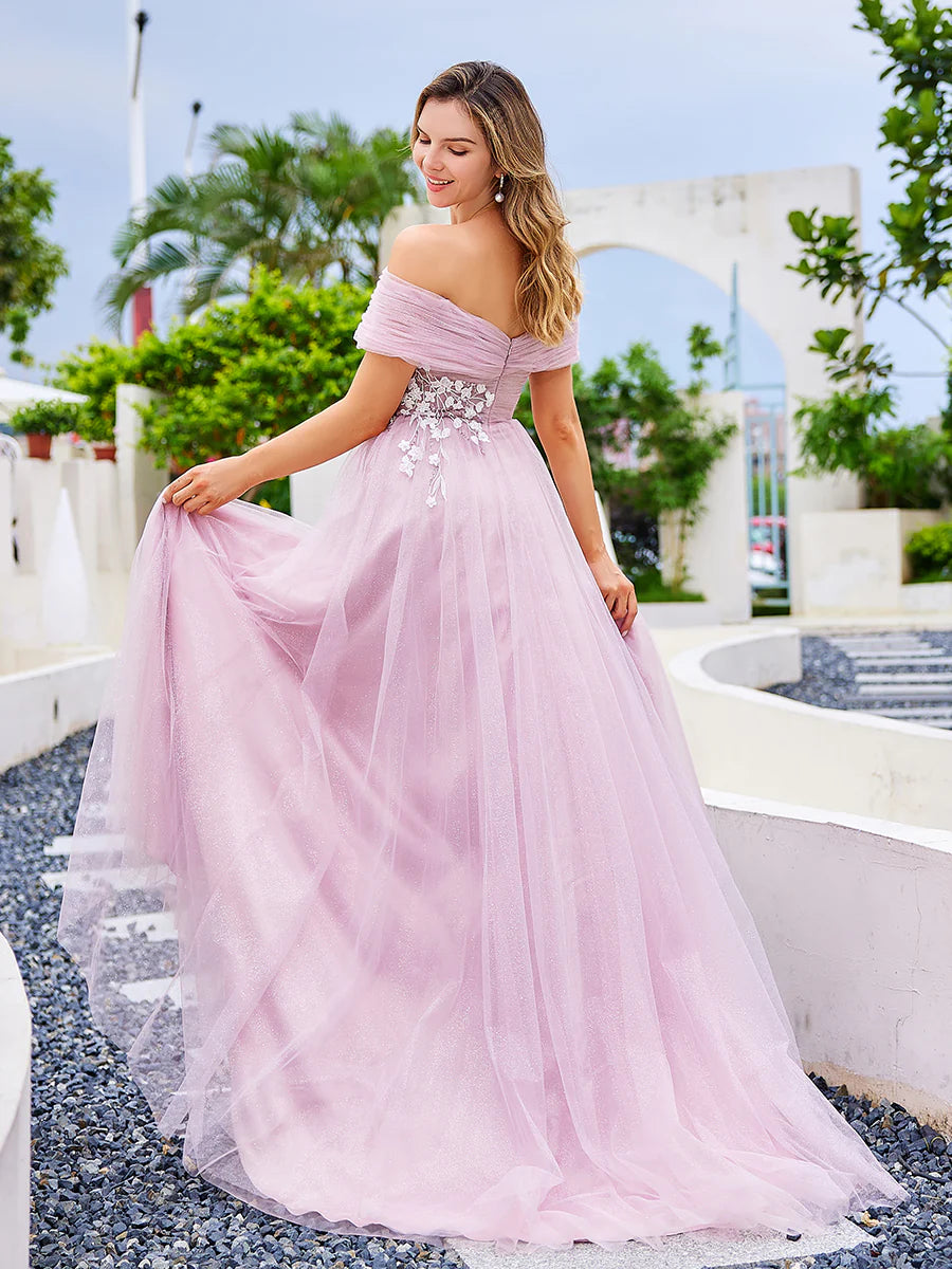 Cross Shoulder Applique Tulle Gown 2025#014