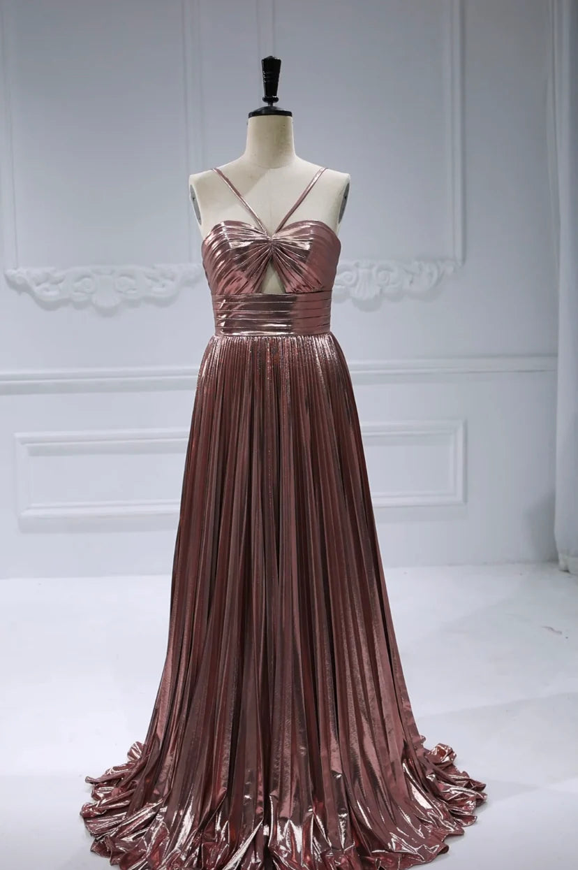 Iridescent Pleated Dress with Halter Neck and Cutout 2025#012