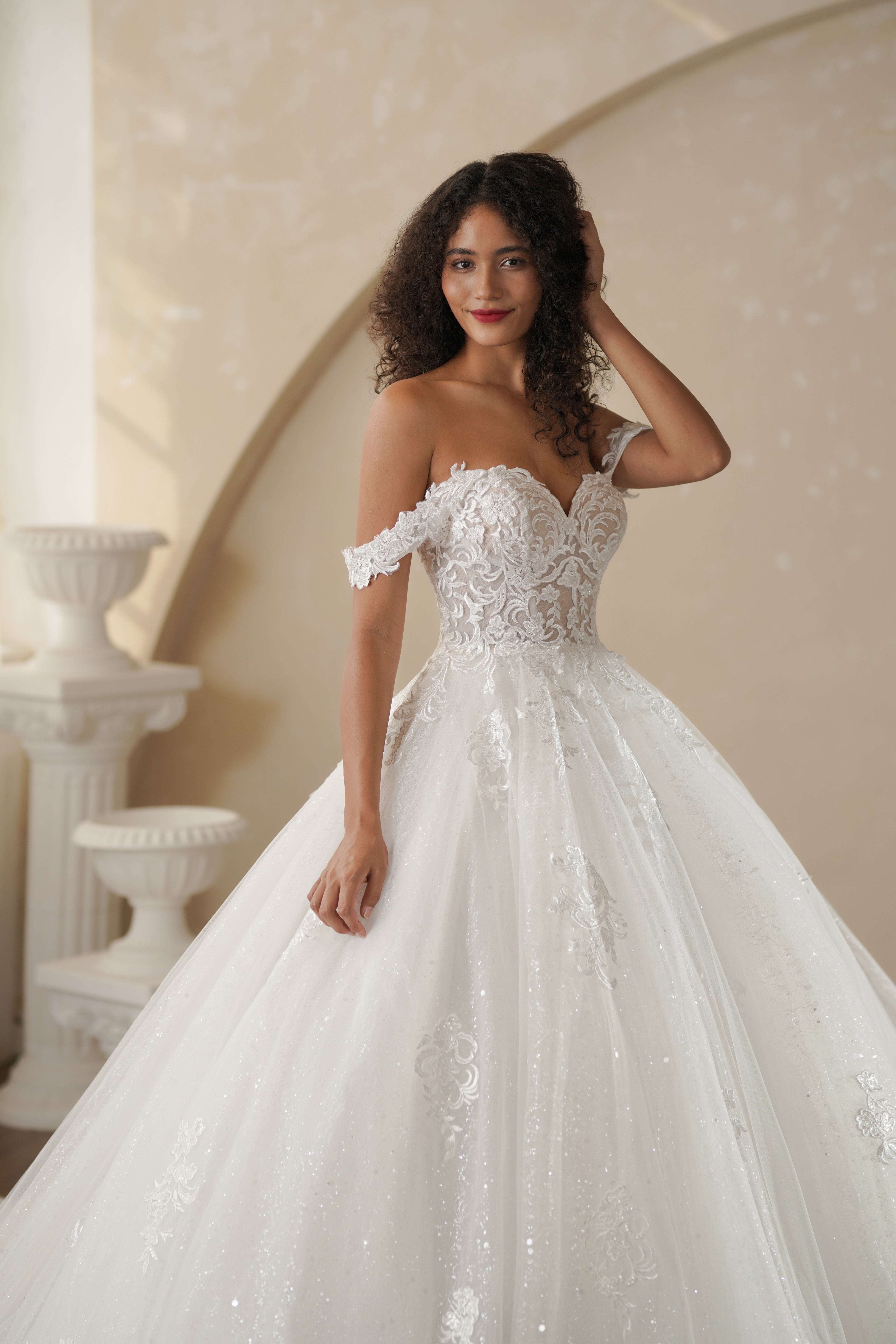 Boho wedding dress for bridal with off shoulder design and applique lace