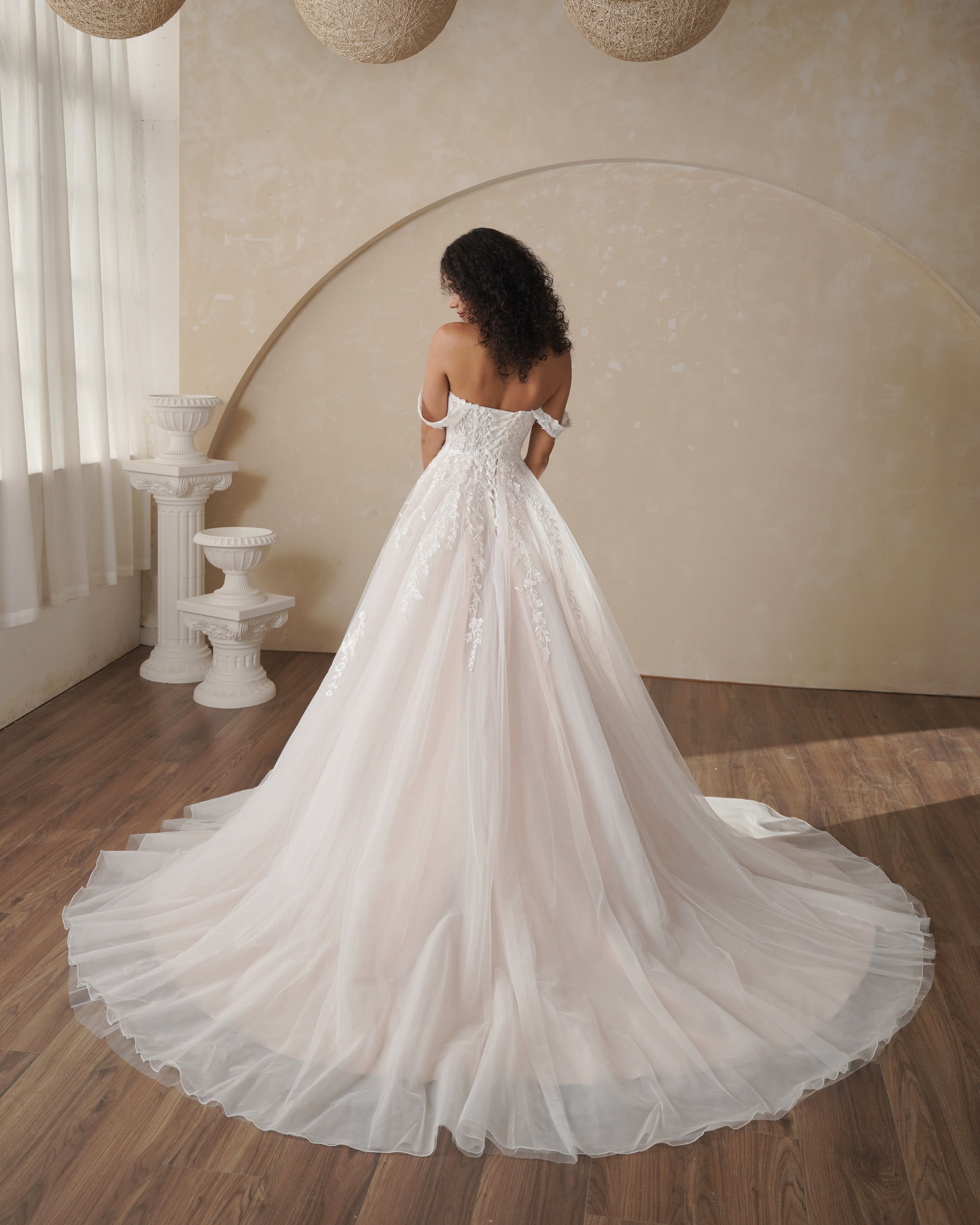 Boho wedding dress for bridal with off shoulder design and applique lace