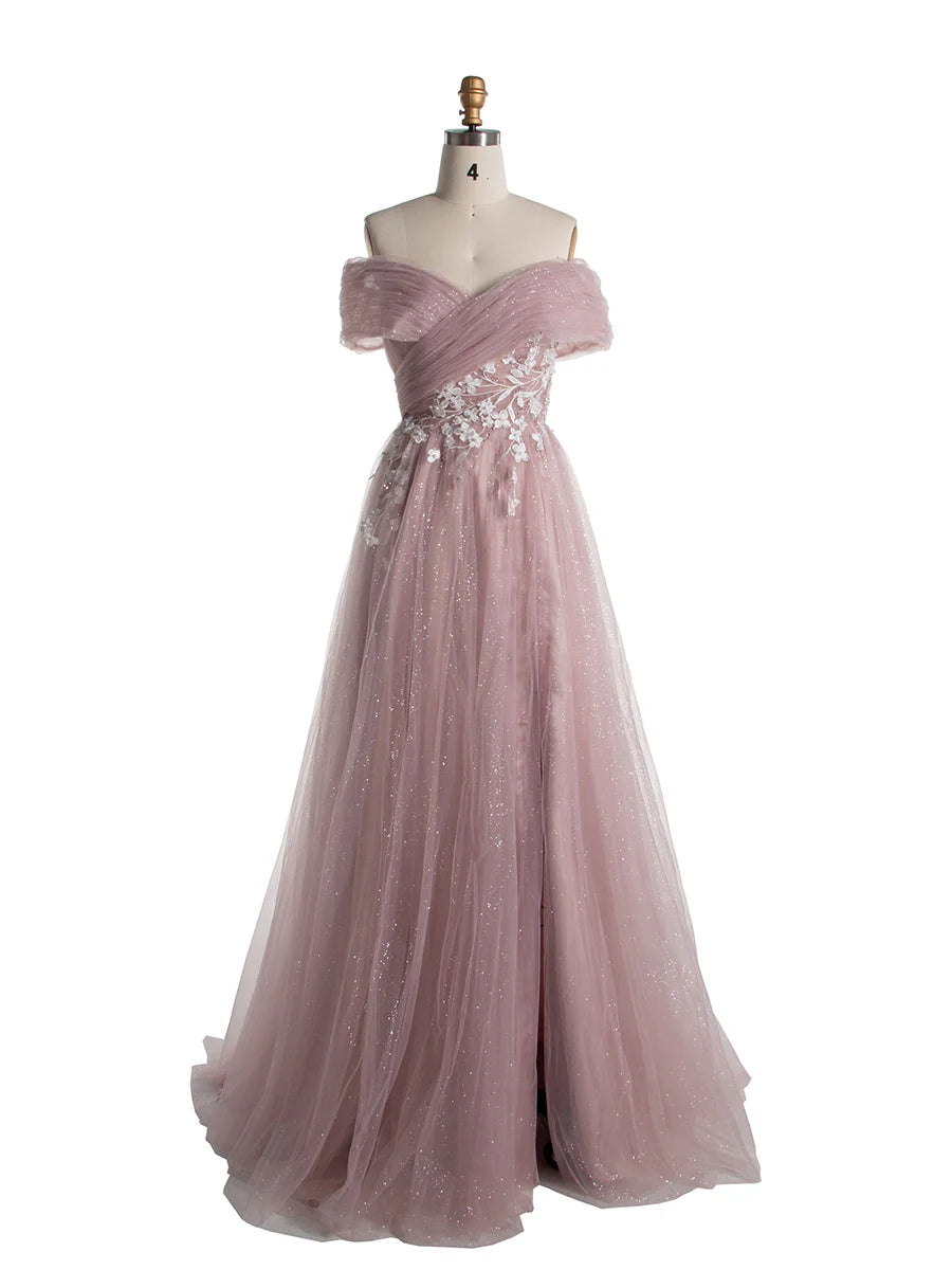 Cross Shoulder Applique Tulle Gown 2025#014