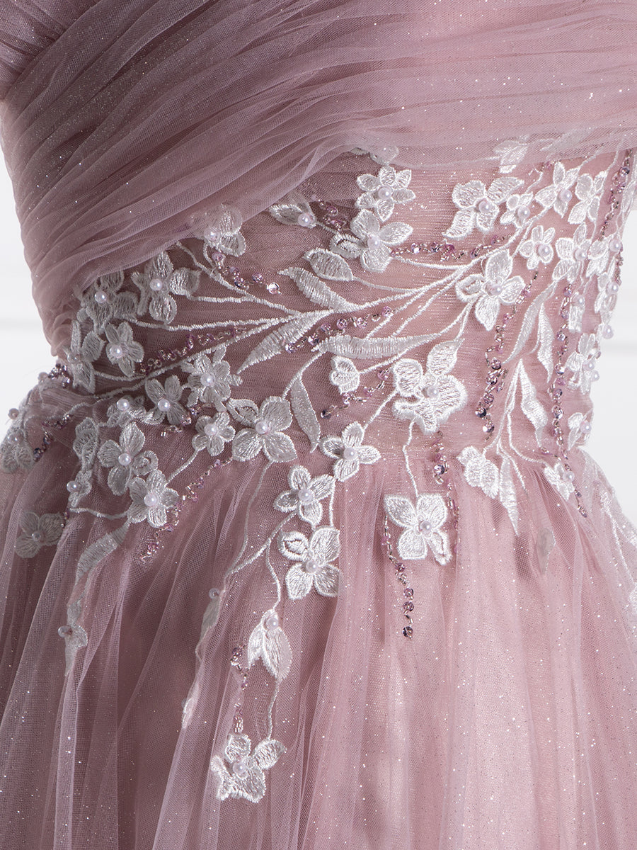 Cross Shoulder Applique Tulle Gown 2025#014