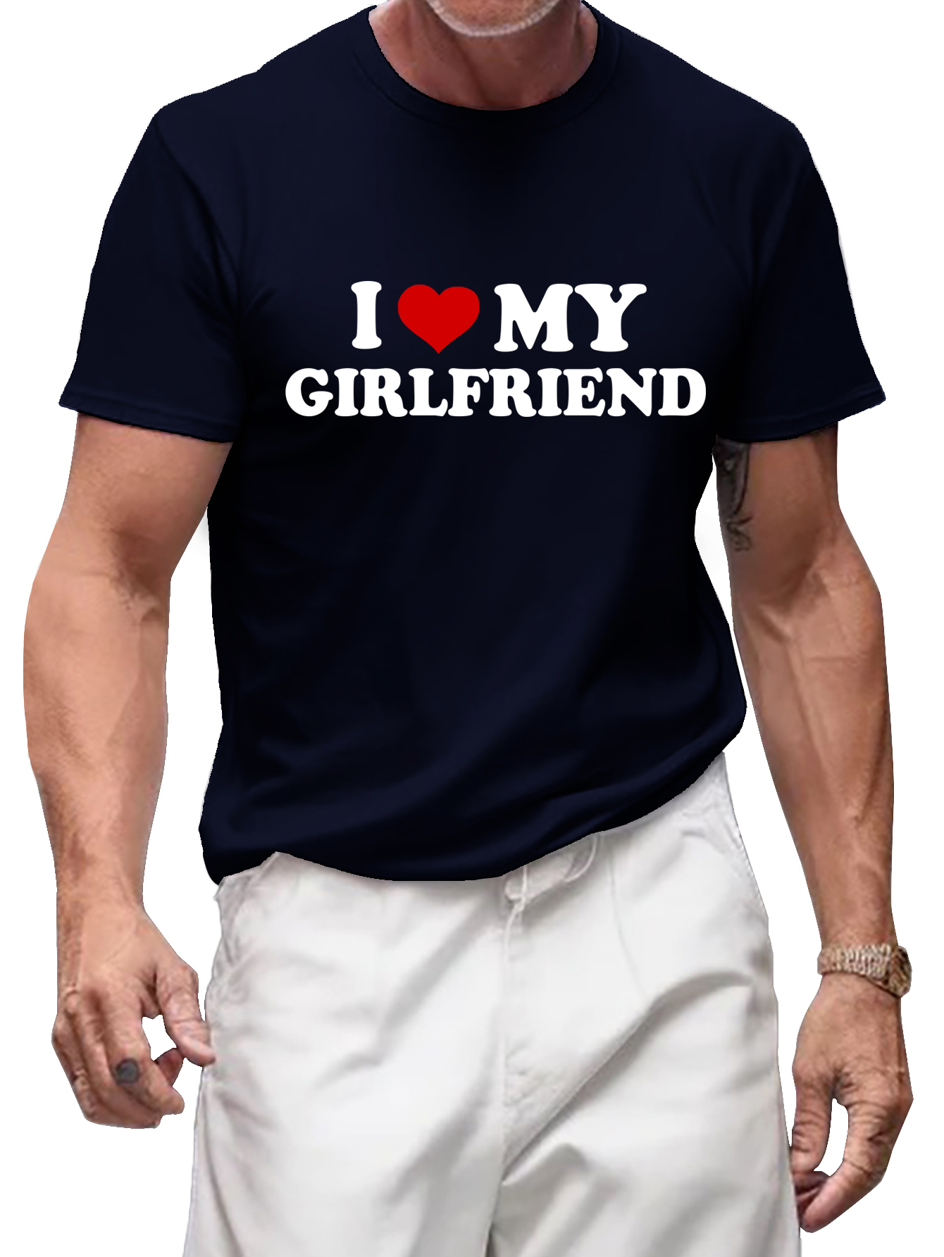 I love my girlfriend navy customized-printed cotton tees as a gift