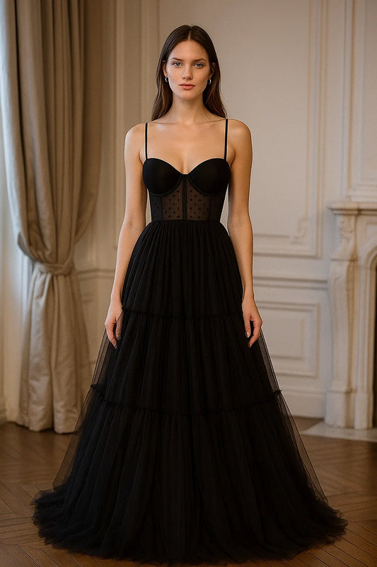 Black Polka Dot Mesh Dress with Corset Bodice Gown 2015#004