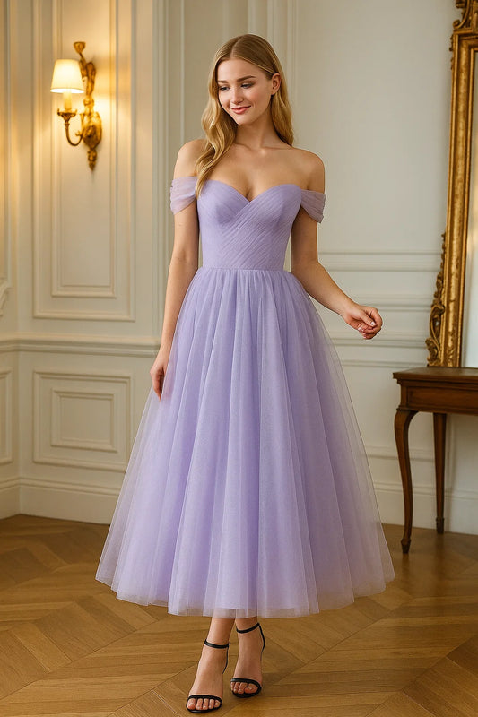Off-Shoulder Tulle Midi Dress with Pleated Detail 2025#010