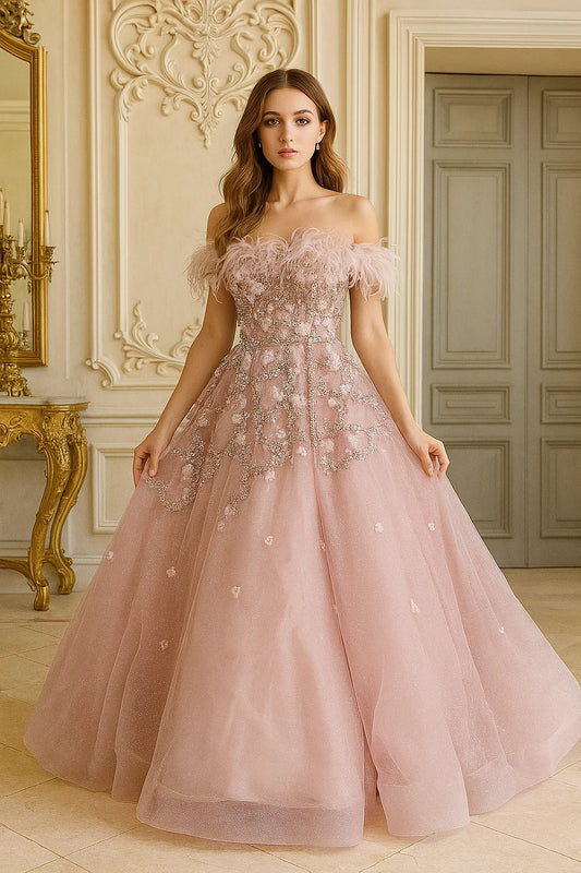 Glamorous Strapless Gown with Ostrich Feather Detail 2025#005
