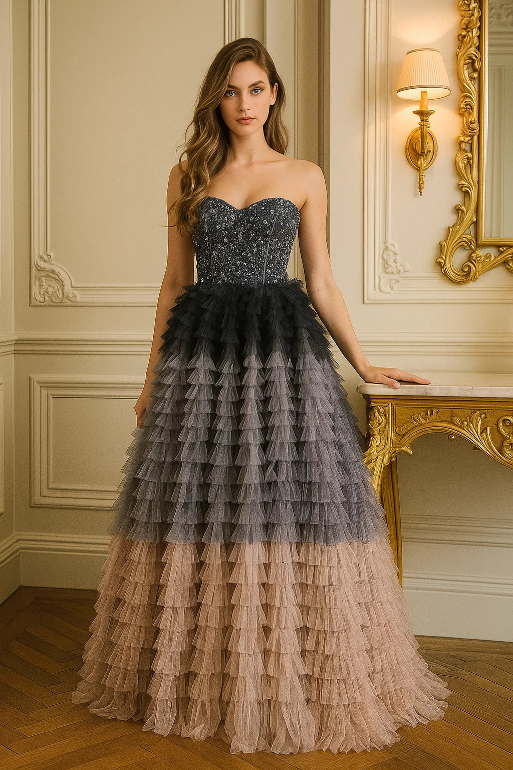Ombre Tiered Gown with Structured Corset Bodice 2025#013