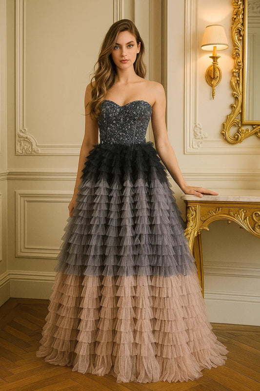 Ombre Tiered Gown with Structured Corset Bodice 2025#013