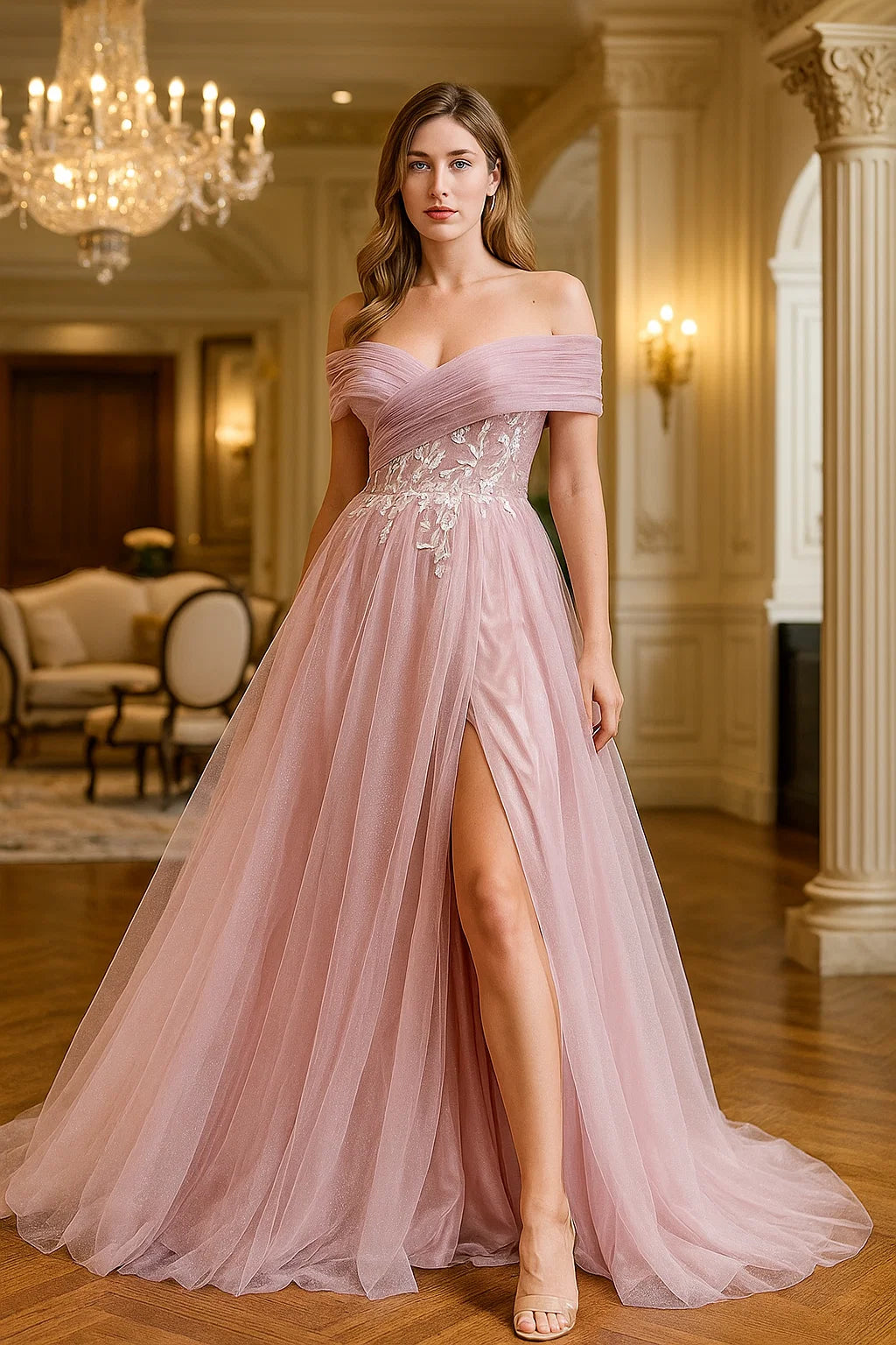 Cross Shoulder Applique Tulle Gown 2025#014