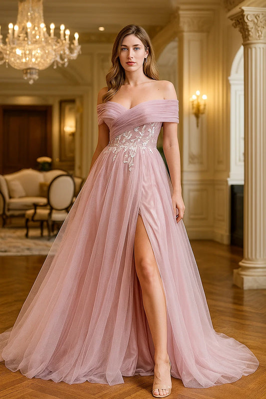 Cross Shoulder Applique Tulle Gown 2025#014