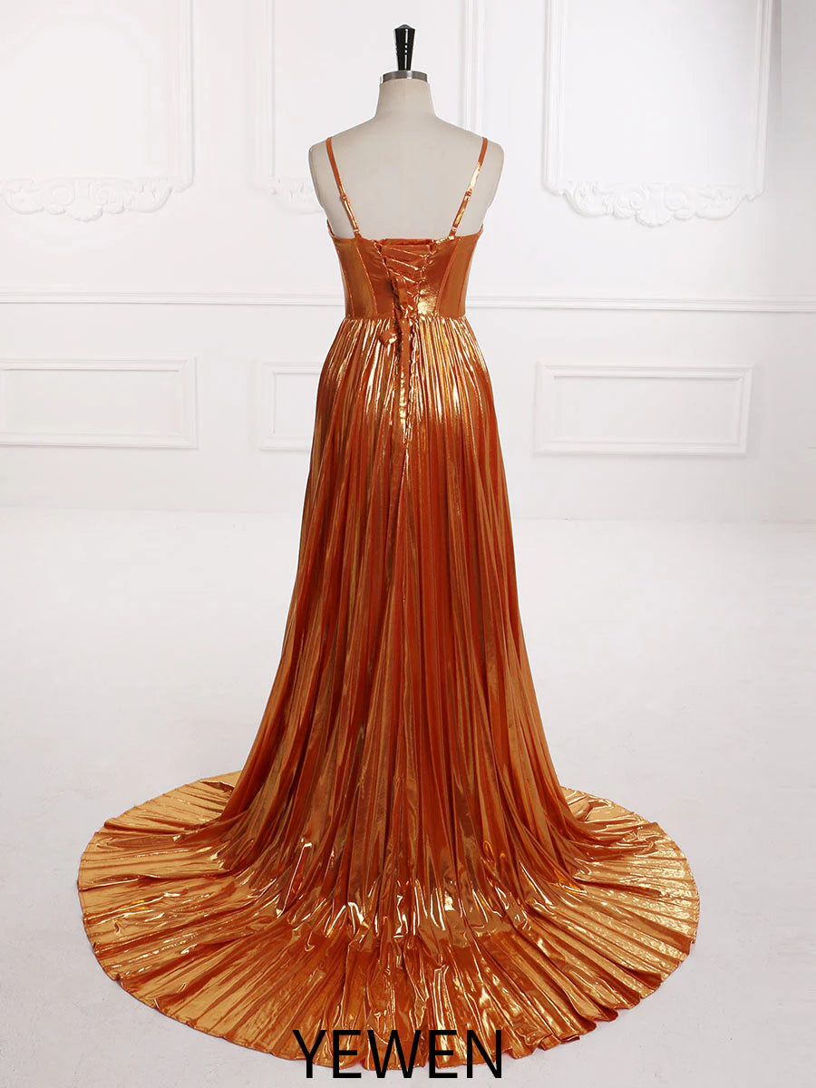 Shimmer Pleated Gown with Deep V-Neck Design 2025#011